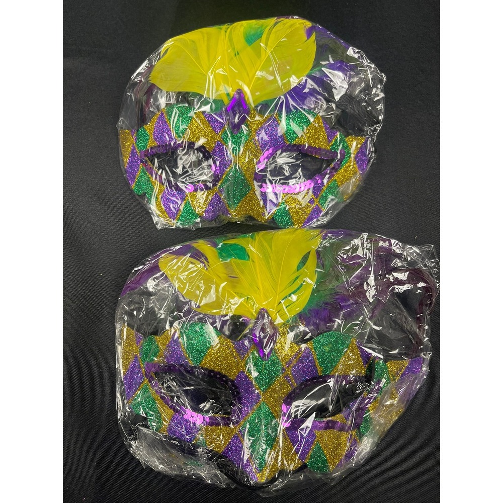 Skylety 2pc Mardi Gras Masquerade Masks Purple Green Gold Glitter Feather SY3705
